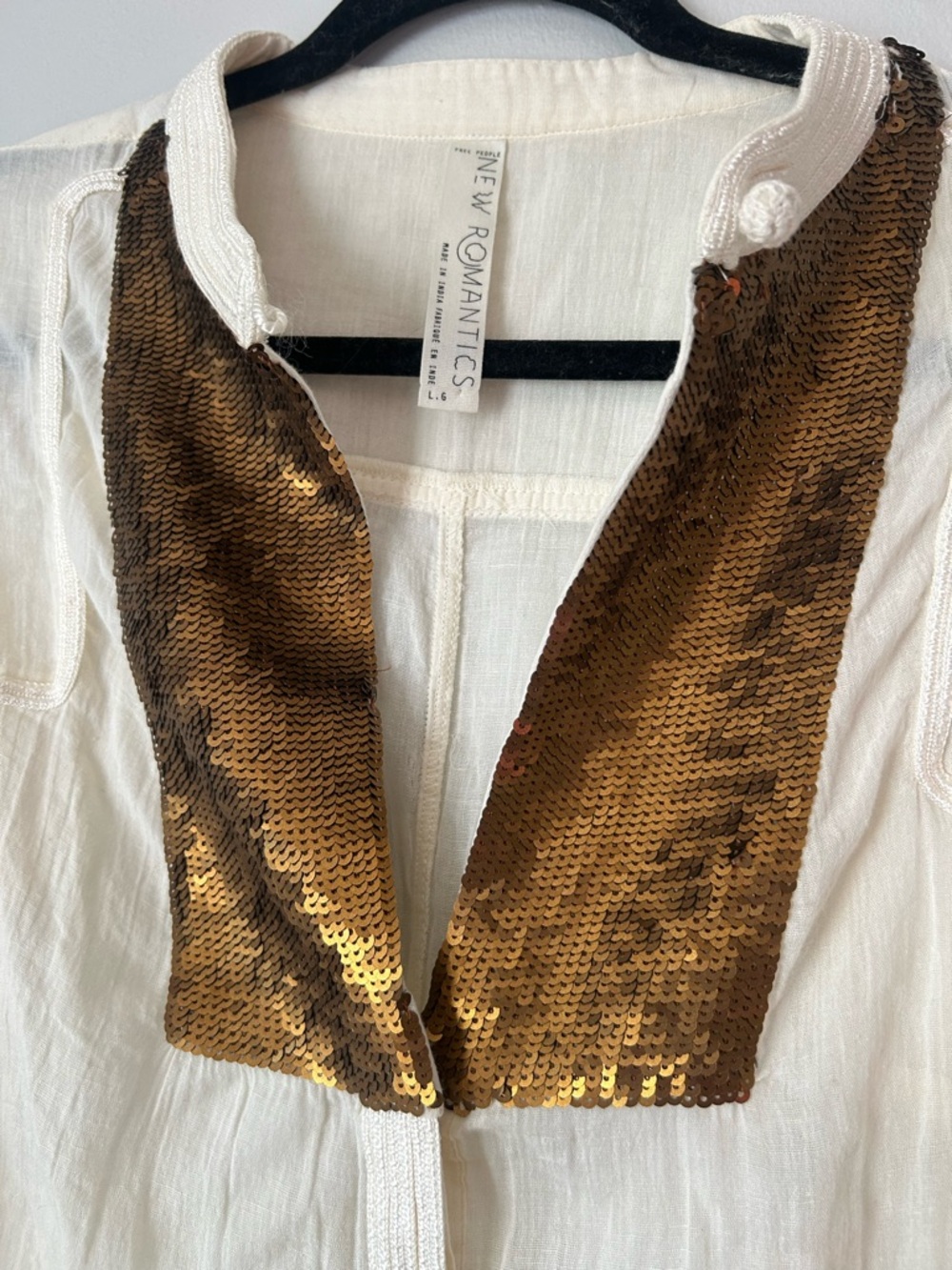 Free People New Romantics Cream Blouse Shirt with Brown Sequin Bib boho L - Picture 5 of 13